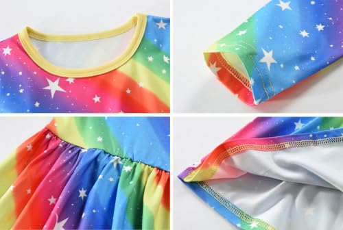 Image of Tkria Toddler Girls Rainbow Dress Striped Fall Dress Cartoon Colourful Long Sleeve Casual Dressy 2-7T