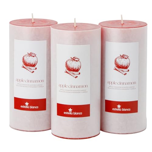 Estrella Blanca Apple Cinnamon Pillar Candles – 3-Pack of 3x6 Red Soy Wax Scented Candles, Long-Lasting Burn & Cozy Fragrance for Kitchen, Home & Table Decor