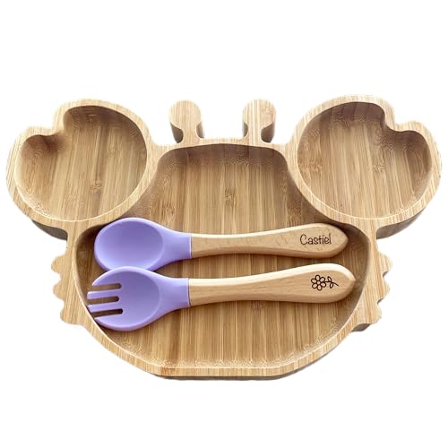 Assiette crabe + couverts pour bébé, enfant personnalisé en bambou et silicone, idée de cadeau pour naissance, baptême, noël pour bébé