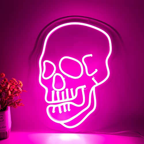 KANAYA Skull Neon Sign Halloween Decorations Usb Powered, Skeleton Ghost Wall Decor for Holiday Party Bedroom Mancave Bar Shop, Hot Pink