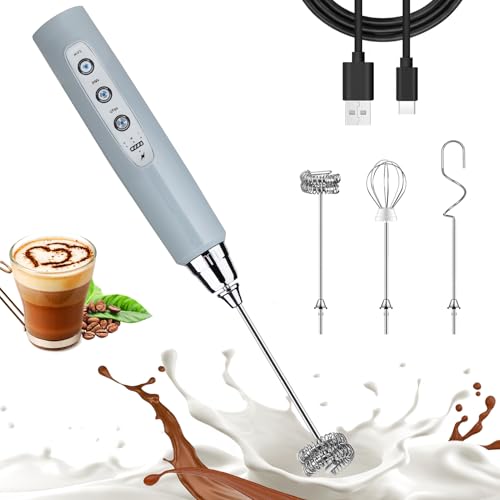 Image of Nahida Cement Gray Milk Frother Wand for Coffee, Frother Handheld Rechargeable Electric Whisk with 3 Heads 3 Speeds Drink Mixer Coffee Frother Foam Maker For Latte, Cappuccino, Hot Chocolate, Egg