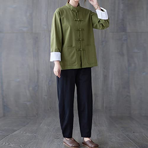 HHHH Women's Kung Fu Jacket Frog Button Mandarin Collar Loose Fit Blouse Chinese Tang Shirt Tai Chi Training Uniform (L, 60# Green)4