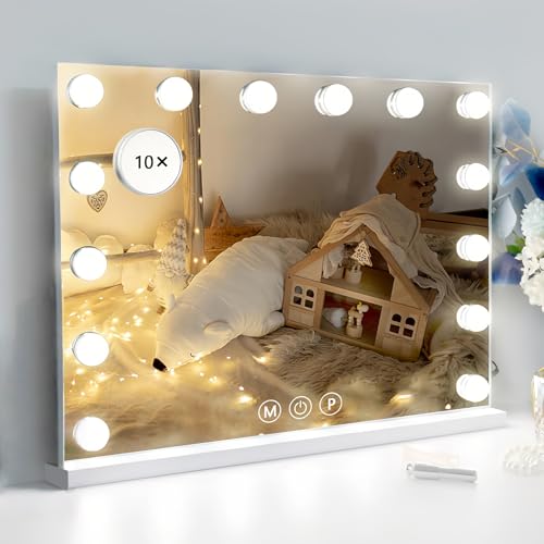 Quivlox 女優ミラー 壁掛け/卓上両用 ハリウッドミラー 14個LED電球付き 卓上ミラー 大きい 化粧鏡 LEDライト 10倍拡大鏡付き タッチ式 三色照明モード 無階段明るさ調節 化粧鏡 USBポート付き (ホワイト, 長さ50 x 幅40cm)