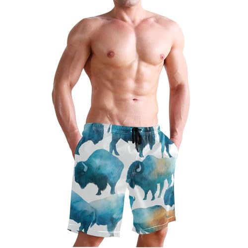 Men's Swim Trunks Quick Dry Swimming Shorts with Pocket Abstract Bison Pattern Print Design Swimsuit Trunks3