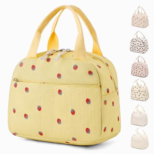 Lunch Bag for Women Girls Men,Cute Women Lunch Bags,Soft Leakproof Large Lunch Bag women for Work,Picnic or Travel,Lunch box,Corduroy lunch Tote Bags Reusable Insulated (Yellow strawberries)