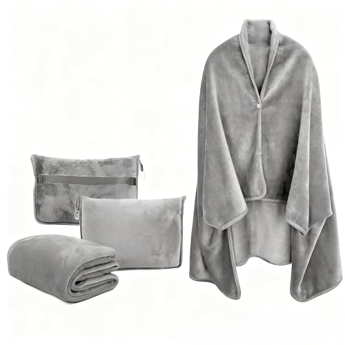 Dasellfa Manta térmica Plaid sofá flanela branca três em um 100 * 150 cm para acessórios de carro, almofada de viagem, campismo, doméStico diário, viagem para avião (atualização cinzenta)