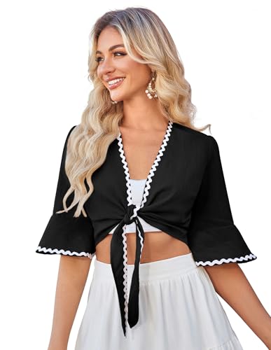 Belle Poque Cárdigan tipo bolero de gasa para mujer, con media manga y lazo frontal, Negro, M