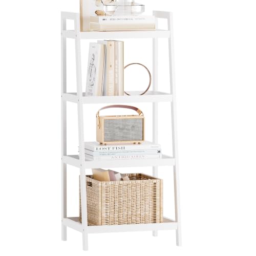 SMIBUY Bamboo Ladder Bookcase, Bathroom Storage Rack Organizer, 4 Tier and 5 Tier Freestanding Plant Display Stand Space Saver Shelves for Bedroom, Kitchen, Balcony (White, 4 Tiers (39' H))