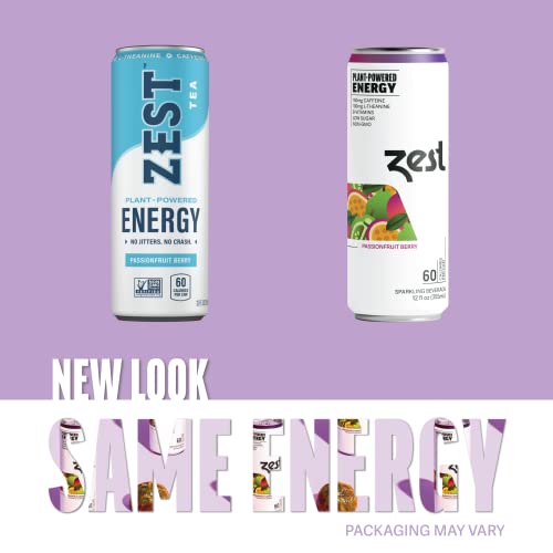 Zest Plant Powered Natural Energy Sparkling Drink - Passionfruit Berry - 150Mg Caffeine + 100 Mg L-Theanine - 12Oz Can 12 Pack - Low Sugar, 60 Cals, Healthy Coffee Substitute, Non Gmo High Caff Blend #TOP1