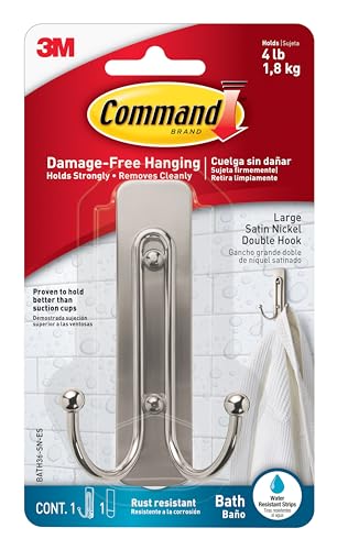 Command Bath Satin Nickel Large Double Hook Silver color, 1 Hook+2 Strips/pack | Holds 1.8kg | Water-Resistant Strips | Organize | Decoration | No Tools | Holds Strongly | Damage-Free Hanging