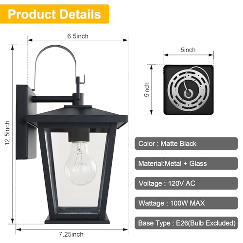 Image of Kalium Outdoor Wall Lantern 2 Pack, Waterproof Exterior Wall Mount Light with Clear Glass in Black Finish, Porch Outside Lighting for Entryway, Backyard, Patio, E26 Base, Clear Glass 12.5 in