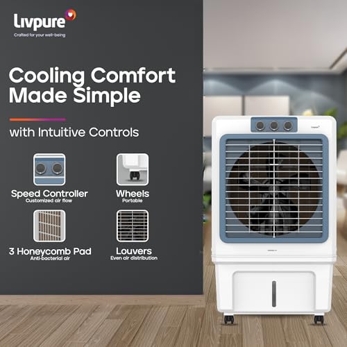 Image of Livpure Iceblast Desert Air Cooler- 70L | Cooler with High Air Delivery, Ice Chamber, Honeycomb Pads, Multi-Directional Wheels | Room Cooler with Inverter Compatibility| 2 year Warranty by Livpure