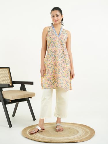 Image of GOODHAND Women Printed Cotton Kurti | Casual Long Kurta | Comfortable Ethnic Wear with Relaxed Fit
