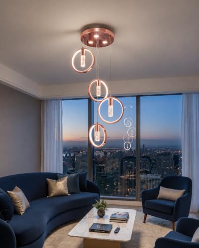 Image of swanart Rose Gold Crystal Pendant Light, 4 Crystal Hanging Light with 3 Color LED, Modern Chandelier for Living Room, Decorative Ceiling Light for Bedroom & Dining Room