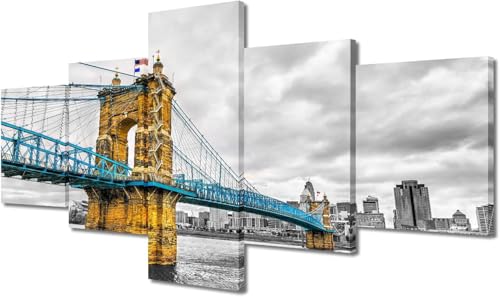 TTianm Arte mural en lienzo de 5 piezas,Puente colgante horizonte del río Ohio,impresiones enmarcadas para sala de estar y dormitorio, decoración moderna de pared, listo para colgar
