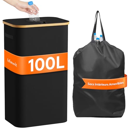 Lifewit Poubelle Recyclage Transportable, Collecteur de Bouteilles Verre, Plastique, Grand Poubelle en Bambou pour Tris Selectif, 100L, Noir