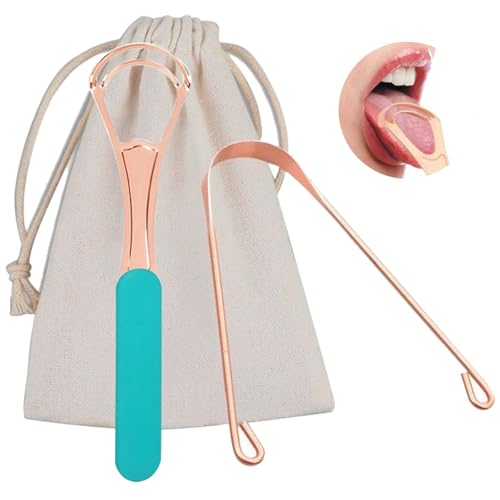 Image of 2Pcs Copper Tongue Scraper, Tongue Cleaner Set for Adults Kids, Stainless steel Wide Double Blades Oral Tongue Brush Cleaning Scrapping Sweeper for Fresh Breath and Mouth Hygiene Care with Travel Bag