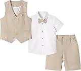 LOLANTA 4PCS Traje de Boda Verano para Niños, Conjunto de Chaleco y Pantalón Corto de Lino para Niños, Ropa de Bautizo Ceremonia Fiesta, Chaleco+Pantalón+Camisa+Pajarita, Caquie, 4-5 años, 110