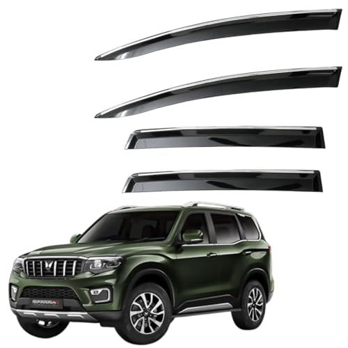 Image of CAR SAAZ Unbreakable Chrome Smoke Door Visor for Scorpio N (2023-Present) | Premium Sun Rain Wind Deflector Chrome Strip Side Door Rain Visor - Set of 4 Pcs
