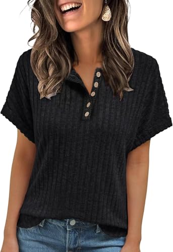 Image of TrendiMax Women's Short Sleeve T Shirt Heney Button Ribbed Knit Sweater Shirts Loose Fit Fashion Tunic Tops Black