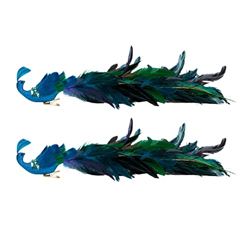 BestAlice 2 Pcs Blue Peacock Christmas Ornaments, 19 Inch Long Tail Feather Peacock Clip Ornament, Glittered Phoenix Christmas Ornament, Faux Feathered Peacock Birds for Christmas Tree Decoration