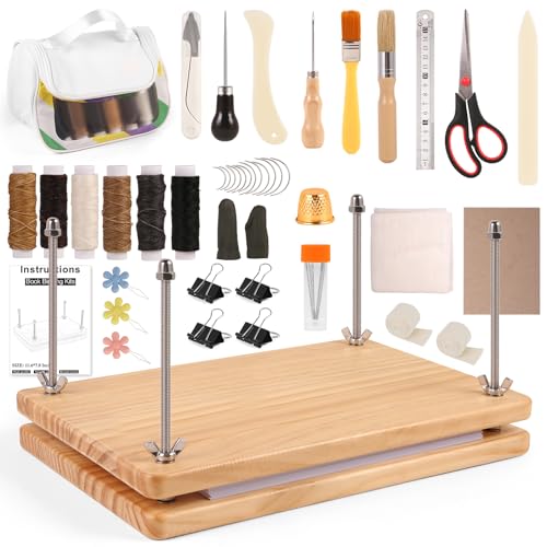 MAKEASY 50Pcs Book Binding Kits with Book Press (11.6x7.8in), DIY Bookbinding Kit with Waxed Thread, Needles, Bone Folder, Scissors & Bookbinding Supplies for Beginners & Professionals