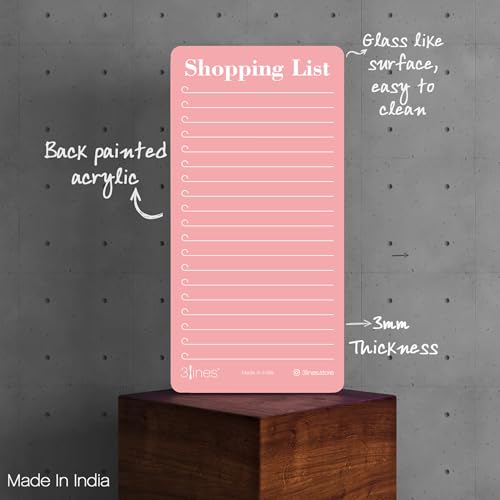 Image of 3 Lines Shopping List Fridge Magnet with Marker|Smart Planning & Shopping for Family, Working Professionals|Acrylic Magnetic Notepad for Kitchen Organisation|12x24 cms|Pink Guava Color|Large