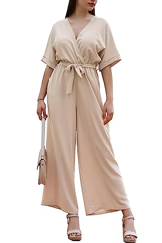Laphilo Mujeres Largo V-Cuello Ancho Pierna Mono Casual Elegante Verano Cinturón cod.7213 (S, Beige)
