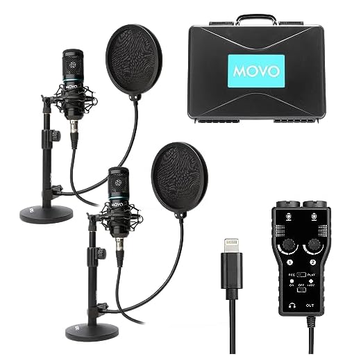 Movo Smartphone Podcast Recording Microphone Kit - 2 Pack Condenser Microphones, 2 Desktop Mic Stands, 2 Pop Filters, 2-Channel XLR Interface with Lightning Output - Compatible with iPhone, iPad, iOS