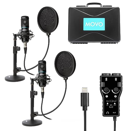 Movo iPhone Podcast Equipment Bundle - 2 Pack Condenser Microphones, 2 Desktop Mic Stands, 2 Pop Filters, 2-Channel XLR Interface with Lightning Output - Compatible with iPhone, iPad, iOS (Lightning) by Movo - Used condition - CA$186.74