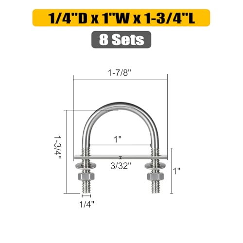 Image of 8 Sets Round U Bolts, u-Bolts 1 Inch Wide, 304 Stainless Steel U Bolt,with Nuts,Bolt Plate and Washers for Boat Trailer Tube(1 /4 inch D x 1 inch W x 1-3 /4 inchL)