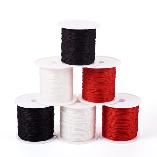 Crafans 6 rollos de cordones de nailon para joyería, 0,6/0,8 mm, cordones de nailon de nudo chino, color rojo, negro y blanco, hilos de cola de rata para manualidades, fabricación de joyas