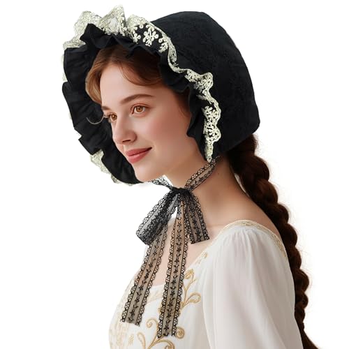 CosInStyle Womens Pioneer Bonnet - Colonial Peasant Amish Hat Prairie Cap Nightcap Maid Cosplay Costume Accessory (Style-C Black)