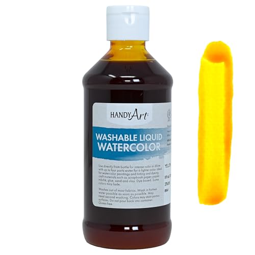 Handy Art Washable Liquid Watercolor, Yellow, 8 oz Bottle, Dye-Based Color, Easy to Dilute with Water, Ready to Use Concentrated Paint, Certified Safe & AP Non-Toxic, Made in USA