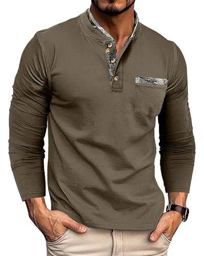 Ryehack Tee Shirt Homme Manche Longue Henley Tshirts en Coton Boutonné Polo Golf Shirt avec Poche, Vert, L