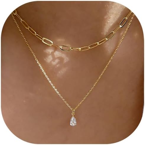 ZOERAY Gold Layered Necklace for Women 14K Gold Plated Dainty Necklace Diamond Cross Heart Pearl Snake Pendant Necklace Herringbone Paperclip Chain