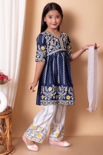 Image of Girls Ethnic Cotton Kurta and Straight Pant Set with Silky Dupatta
