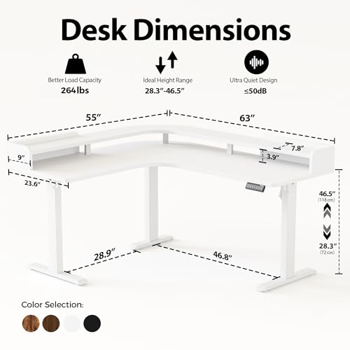 Image of Agilestic L Shaped Standing Desk, Corner Desk with Monitor Shelf, Adjustable Height Gaming Table, Sit Stand Up Table, 63 x 55 Inch Home Office Computer Workstation, Splice Board, White