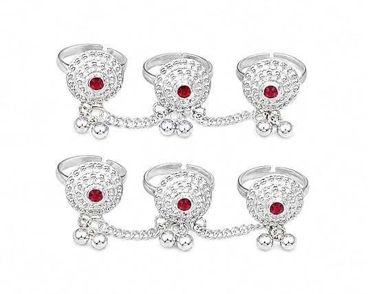 Nanda creation. Traditional Silver Toe Rings for Women | Adjustable 2 Pair Bichiya Set with Red Stone & Chain | Ethnic Ghungroo Design Toe Jewelry for Girls & Women