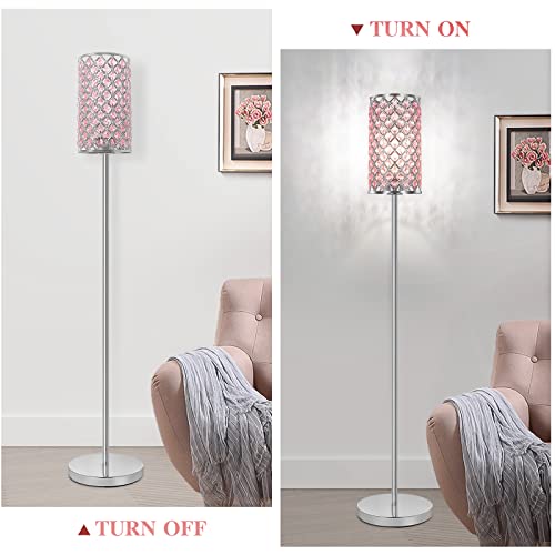Crystal Floor Lamp For Bedroom, Silver Floor Lamp With Pink Shade, Girls Floor Lamp With On/Off Foot Switch, Elegant Standing Light Tall Pole Lamp For Living Room, Dresser, Office (E26 Base) #TOP1