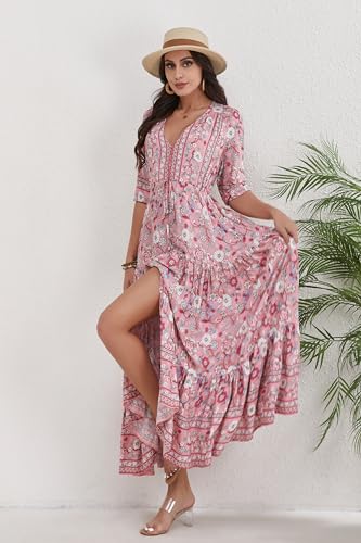 Image of Women Short Sleeve V Neck Floral Print Casual Bohemian Maxi Dresses