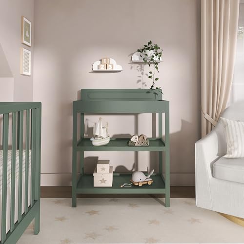 Image of Dream On Me Avery Baby Changing Table with Storage, New Zealand Pinewood, BSA Safety Certified, 2 Open Shelves, Water-Based Finish, Compact Space-Saving Nursery Design, Meadow Green