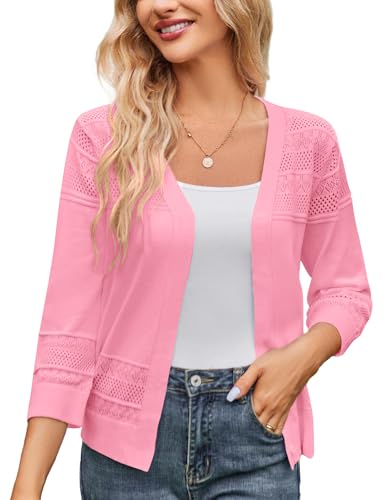 Women's 2025 Cropped Cardigan 3/4 Sleeve Lightweight Crochet Shrug Hollowed-Out Knit Sweater Tops S-XXL