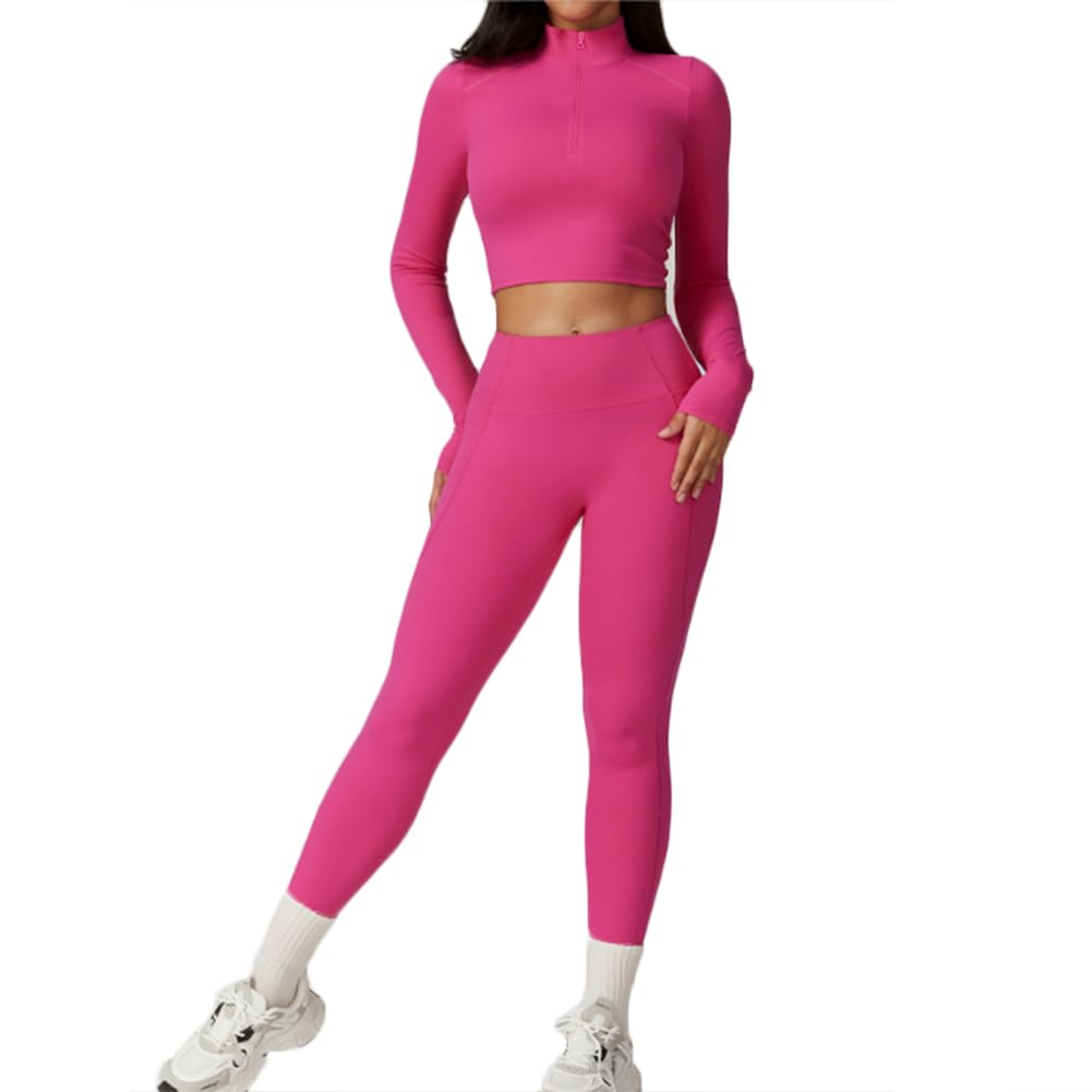 Womens Seamless Yoga Outfits Long Sleeve Zipper Jacket High Waist Leggings Butt Lifting Gym Set