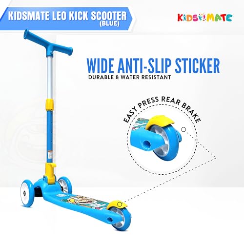 Kidsmate Leo Kick Scooter for Kids, Adjustable Height Scooter, Foldable & Attractive PVC Wheels with Rare Brakes for Kids Age Upto 3+ Years (Blue)