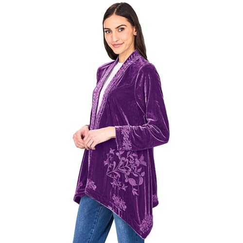 Image of Women's Embroidered Velvet Open Front Cardigan Jacket - Purple 2X