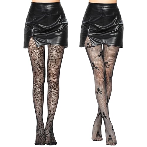 JCGJC Spider Web and Skeleton Skull Halloween Tights for Women - Carnival Cobweb Pattern