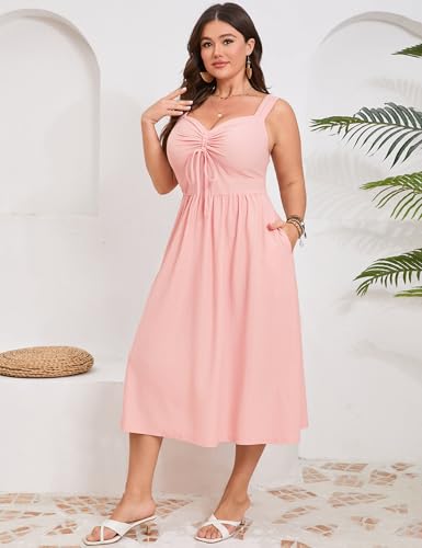 Image of ShopWonder Plus Size Summer Dress for Women Sleeveless Spaghetti Strap V Neck Tie Front A Line Casual Beach Midi Dress
