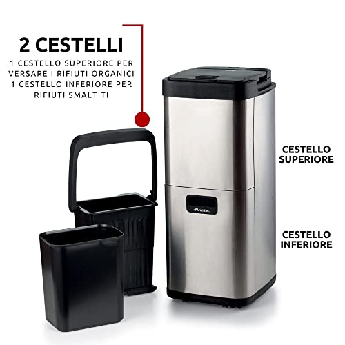 Ariete 2001 Ecowe, Pattumiera Intelligente, 60W/h, Essiccatore di rifiuti organici, Riduce il volume dei rifiuti organici, 2 cestelli, Antiodore, Coperchio a pressione, Ruote, Carboni attivi, Silver - 3