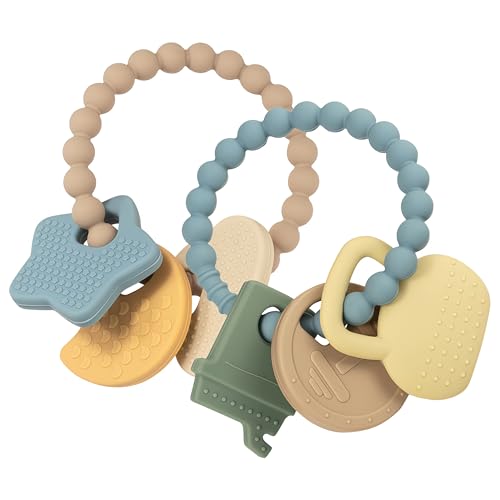 Image of VISEWI Baby Silicone Teething Toys, 2 Pack Newborn Infants Toddler Sensory Chew Toys，Textured Sensory Chewing Ring for Infants,BPA Free,Starry Sky and Fitness Patterns, Soothe Gums for 6-12 Months